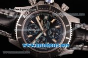 Breitling Superocean Chronograph II Chronograph Swiss Valjoux 7750 Automatic Steel Case with Black Dial Black Leather Strap and Stick Markers -Blue Second Hand