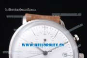 Junghans Max Bill Chronoscope Miyota OS10 Quartz PVD Case White Dial Brown Leather Strap and Stick Markers