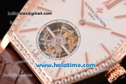 Vacheron Constantin Malte Tourbillon Swiss Tourbillon Manual Winding Rose Gold Case with Brown Alligator Strap White Dial and Diamond Bezel