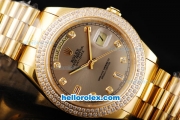 Rolex Day-Date II Automatic Movement Full Gold with Double Row Diamond Bezel-Grey Dial and Diamond Markers