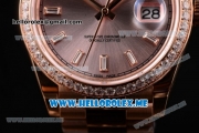 Rolex Day-Date Swiss ETA 2836 Automatic Rose Gold Case/Bracelet with Silver Dial and Stick Markers Diamonds Bezel (BP)