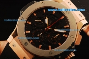 Hublot Aero Bang Chronograph Swiss Valjoux 7750 Automatic Movement Rose Gold Case with Titanium Bezel and Black Rubber Strap