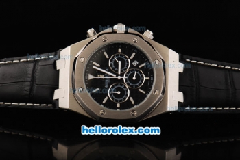 Audemars Piguet Royal Oak City of Sails Chronograph Miyota Quartz Movement Black Dial with White Stick Markers and Silver Case-Black Leather Strap