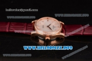 Omega De Ville Prestige Miyota Quartz Rose Gold Case with White MOP Dial Diamonds Bezel and Wine Leather Strap