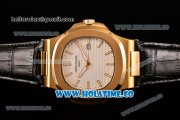 Patek Philippe Nautilus Asia Automatic Yellow Gold Case with White Dial Black Leather Strap and Stick Markers