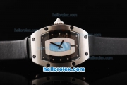 Richard Mille RM007 Silver Case with Black/White/Blue Dial-Diamond Hour Markers and Black Leather Strap