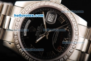 Rolex Day Date Oyster Perpetual Automatic Movement Black Dial with Diamond Bezel and SS Strap