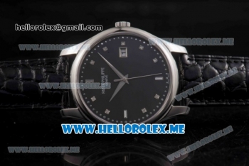 Patek Philippe Calatrava Miyota Quartz Steel Case with Black Dial and Black Leather Strap Diamonds Markers