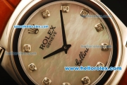 Rolex Cellini Swiss Quartz Steel Case with White MOP Dial and Brown Leather Strap-Diamond Markers