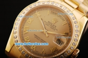 Rolex Day Date Oyster Perpetual Swiss ETA 2836 Automatic Movement Full Gold with Roman Numerals and Diamond Bezel