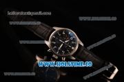 IWC Pilot's Watch Chrono Swiss Valjoux 7750 Automatic Steel Case with White Arabic Numeral Markers Black Leather Strap and Black Dial