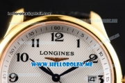 Longines Master Power Reserve Swiss ETA 2824 Automatic Yellow Gold Case with White Dial and Black Leather Strap Arabic Numeral Markers