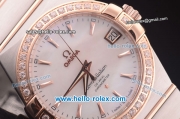 Omega Constellation Co-Axial Swiss ETA 2824 Automatic Steel Case with Rose Gold/Diamond Bezel and White MOP Dial-Rose Gold Stick Markers