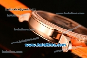 Cartier Rotonde De Swiss Quartz Rose Gold Case with Diamonds Bezel Skeleton Dial and Orange Leather Strap