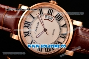 Cartier Rotonde De Miyota Quartz Rose Gold Case with White Dial Roman Numeral Markers and Brown Leather Strap