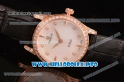 Omega De Ville Prestige Miyota Quartz Rose Gold Case with White MOP Dial Diamonds Bezel and Black Leather Strap