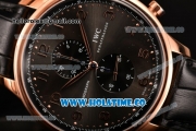 IWC Portuguese Chrono Miyota Quartz Rose Gold Case with Grey Dial Black Leather Strap and Arabic Numeral Markers