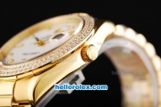 Rolex Day-Date II Automatic Movement Full Gold with Double Row Diamond Bezel-White Dial and Diamond Markers