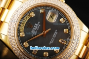 Rolex Day-Date II Automatic Movement Full Gold with Double Row Diamond Bezel-Black MOP Dial and Diamond Markers