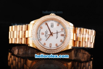 Rolex Day Date II Automatic Movement Full Rose Gold with Double Row Diamond Bezel-Diamond Markers and White Dial