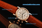 Patek Philippe Chronograph Swiss Valjoux 7750 Manual Winding Movement Rose Gold Case with White Dial and Brown Leather Strap
