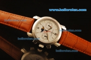 Vacheron Constantin Lemania 8810 Manual Winding Chronograph Steel Case with White Dial and Brown Leather Strap
