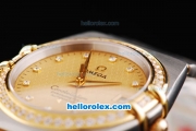 Omega Constellation Automatic Movement Gold Dial with Diamond Hour Marker and Diamond Bezel-Two Tone Strap