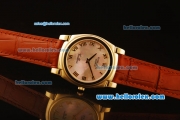 Rolex Cellini Swiss Quartz Yellow Gold Case with Pink MOP Dial and Brown Leather Strap-Roman Markers