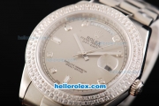 Rolex Day Date II Automatic Movement Full Steel with Double Row Diamond Bezel with Diamond Markers and Grey Dial