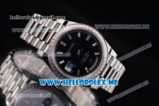 Rolex Day-Date Swiss ETA 2836 Automatic Stainless Steel Case/Bracelet with Black Dial and Stick Markers Diamonds Bezel (BP)