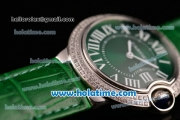 Cartier Ballon Bleu Swiss Quartz Stainless Steel Case with Green Leather Strap Diamond Bezel and Green Dial