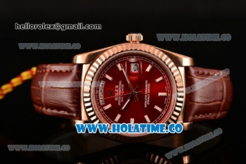 Rolex Day-Date Asia 2813 Automatic Rose Gold Case with Red Dial Stick Markers and Brown Leather Strap