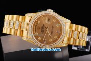 Rolex Day-Date Oyster Perpetual Automatic Full Gold with Diamond Bezel-Diamond Marking and Dark Brown Dial