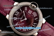 Cartier Ballon Bleu Swiss Quartz Stainless Steel Case with Burgundy Leather Strap Diamond Bezel and Burgundy Dial