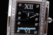 Patek Philippe Ref.4910 Swiss ETA Quartz Movement Diamond Bezel and Marking with Black Dial Lady Model and Black Leather Strap