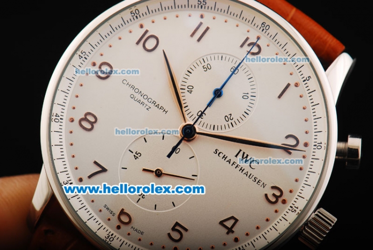 IWC Portuguese Chronograph Quartz Movement Steel Case with White Dial and Rose Gold Arabic Numeral Markers - Click Image to Close