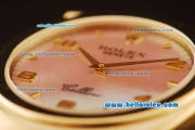 Rolex Cellini Swiss Quartz Yellow Gold Case with Pink MOP Dial and Brown Leather Strap-Numeral Markers