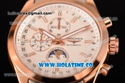 Longines Master Moonphase Chrono Miyota OS10 Quartz with Date Rose Gold Case with White Dial Stick Markers and Two Tone Bracelet