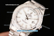 Rolex Day-Date II Swiss ETA 2836 Automatic Steel/Diamond Case with White Dial Diamond Bezel and Stick Markers