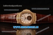 Patek Philippe Nautilus Swiss Tourbillon Manual Winding Yellow Gold Case White Dial Stick Markers With Yellow Gold Bezel Brown Leahter Strap