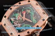 Richard Mille Tourbillon RM 057 Dragon Swiss ETA 2824 Automatic Rose Gold&Diamonds Case with Black Rubber Strap and Green Dragon Dial