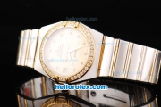 Omega Constellation Automatic Movement Gold Dial with Diamond Hour Marker and Diamond Bezel-Two Tone Strap