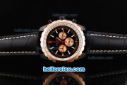Breitling Chrono-Matic Chronograph Quartz Movement PVD Case with Black Dial and RG Subdials/Bezel-Black Leather Strap Breitling Chrono-Matic Chronograph Quartz Movement PVD Case with Black Dial and RG Subdials/Bezel-Black Leather Strap