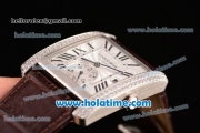 Cartier Tank MC Miyota 8245 Automatic Steel Case with Brown Leather Strap White Dial and Diamond Bezel