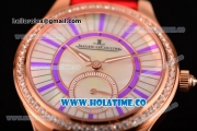 Jaeger-LeCoultre Lady Miyota Quartz Rose Gold Case with White MOP Dial Purple Stick Markers and Red Leather Strap - Diamonds Bezel
