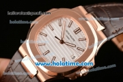 Patek Philippe Nautilus Swiss ETA 2824 Automatic Rose Gold Case with Brown Leather Bracelet White Dial and Stick Markers - ZF
