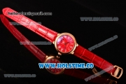 Cartier Ballon Bleu De Small Swiss Quartz Rose Gold Case with Red Dial White Roman Numeral Markers and Red Leather Strap