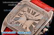 Cartier Santos 100 Medium Japanese Miyota OS2035 Quartz Steel Case with Red Leather Strap Diamond Bezel and White Dial