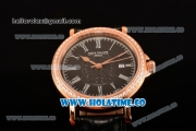 Patek Philippe Calatrava Miyota Quartz Rose Gold Case with Diamonds Bezel and Black Dial - White Roman Numeral Markers