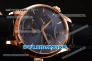 1:1 Jaeger-LECoultre Master Georgraphic Miyota 9015 Automatic Rose Gold Case with Blue Dial Stick Markers and Blue Genuine Leather